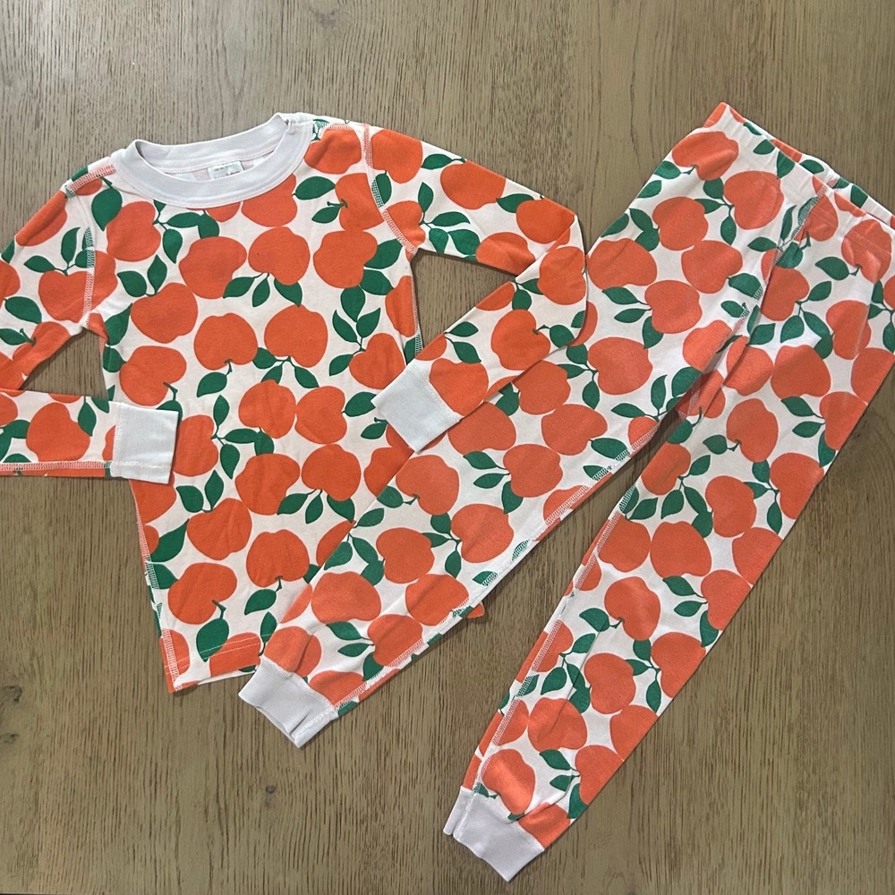 Hanna Andersson Girls Long Sleeves & Pants Pajama Set Peach Pattern Size 6-7